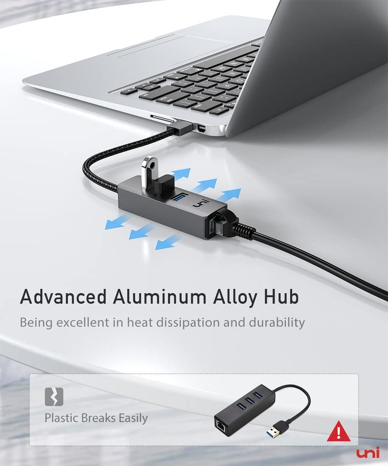 uni USB to Ethernet Adapter, USB 3.0 Hub with 100/1000 Mbps RJ45 Ethernet Driver Free, Sturdy Aluminum 4-in-1 USB-A to LAN Network Adapter Compatible with iMac, PC, Chromebook Laptops, and More - Image 5